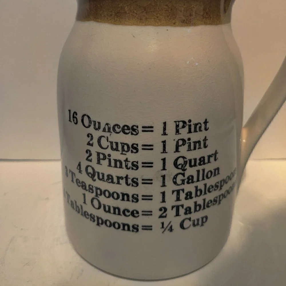 Fun Vintage Pottery Cook's Measure Reminder, Ounces into Pints Quarts Tablespoon